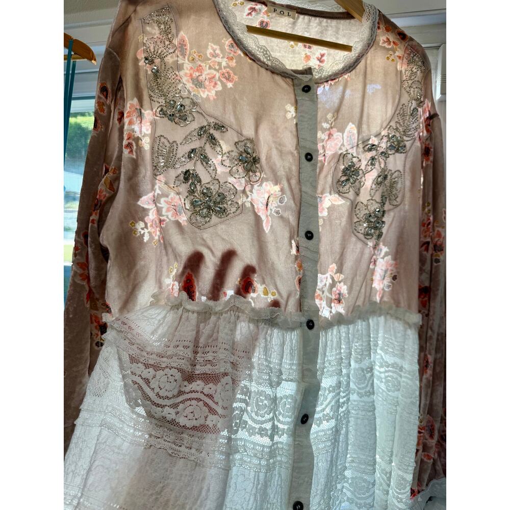 POL Velvet Floral Lace Beaded Sequin Crystal Romantic Boho Button Front Top Sz L - Picture 3 of 15